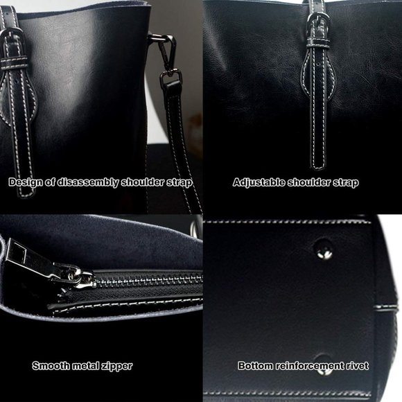 Black Genuine Leather Large Shoulder Bag Tote - Picture 5 of 13